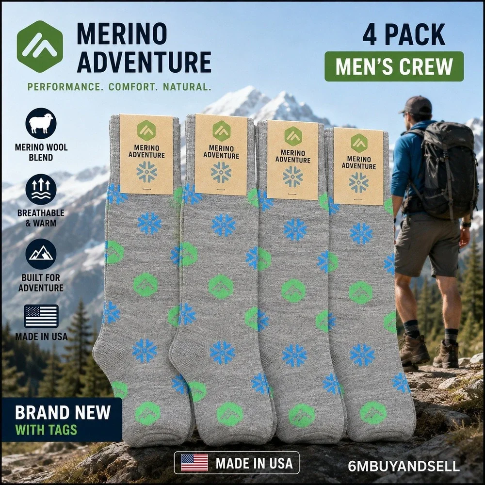Merino Adventure 4 Pairs Wool Blend Crew Socks Snowflake USA NWT Size 10-13